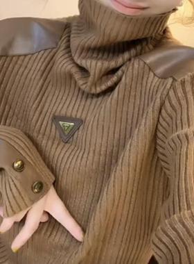 欧洲站2024秋冬新款欧货高领针织打底衫女洋气纽扣宽松慵懒风毛衣
