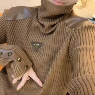 欧洲站2024秋冬新款欧货高领针织打底衫女洋气纽扣宽松慵懒风毛衣