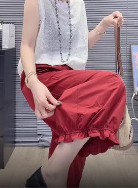 韩版复古红抽绳花边阔腿甜椒灯笼裤女夏季小众百搭宽松显瘦休闲裤