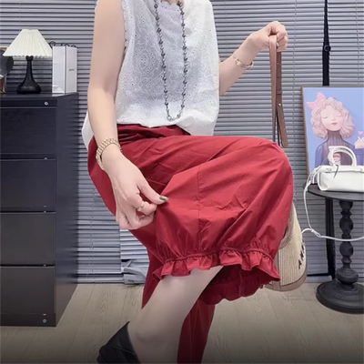 韩版复古红抽绳花边阔腿甜椒灯笼裤女夏季小众百搭宽松显瘦休闲裤