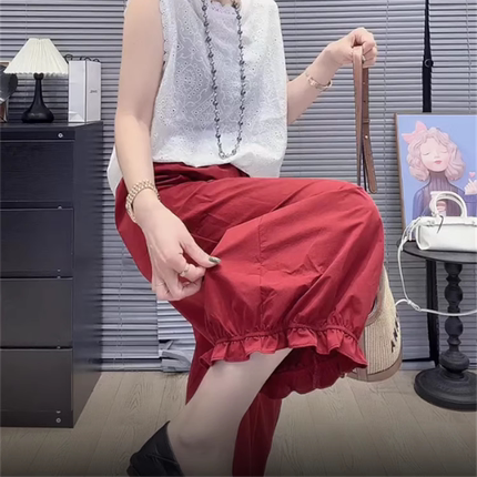 韩版复古红抽绳花边阔腿甜椒灯笼裤女夏季小众百搭宽松显瘦休闲裤