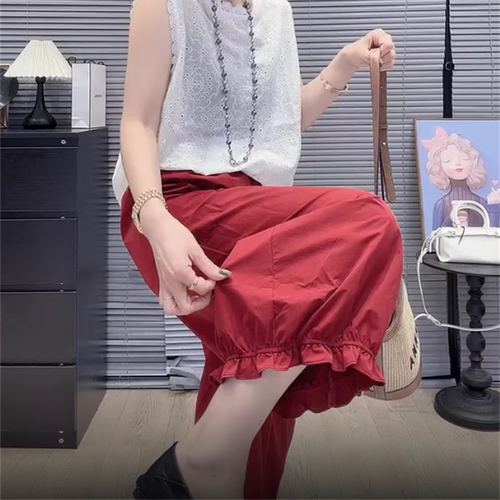 韩版复古红抽绳花边阔腿甜椒灯笼裤女夏季小众百搭宽松显瘦休闲裤
