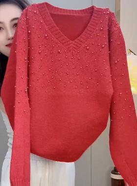 2026春秋新年红色V领重工钉珠针织衫女长袖百搭洋气减龄毛衣上衣