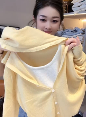 假两件黄色拼接连帽长袖针织衫女2025新款春秋季时尚洋气减龄上衣