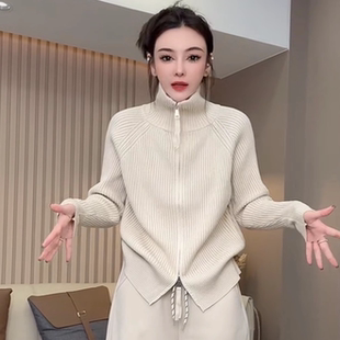 慵懒风双拉链纯色高领针织开衫女坑条宽松显瘦毛衣洋气外套上衣潮