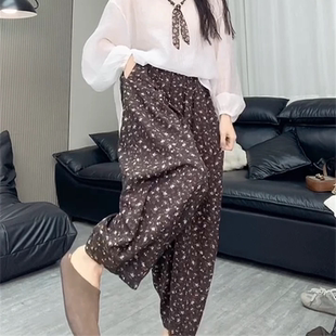 复古高腰碎花显瘦哈伦裤女夏季时尚奶奶裤宽松休闲凉快透气九分裤