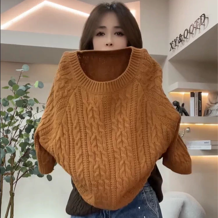 慵懒风麻花纹插肩袖针织衫女宽松显瘦百搭圆领毛衣减龄半袖上衣潮