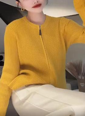 2025早春新款韩国毛衣女外套黄色双头拉链欧洲站针织开衫外搭上衣