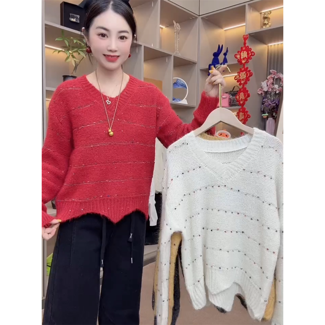 慵懒风彩色毛球V领亮片针织衫女秋季百搭宽松显瘦减龄毛衣糖果色