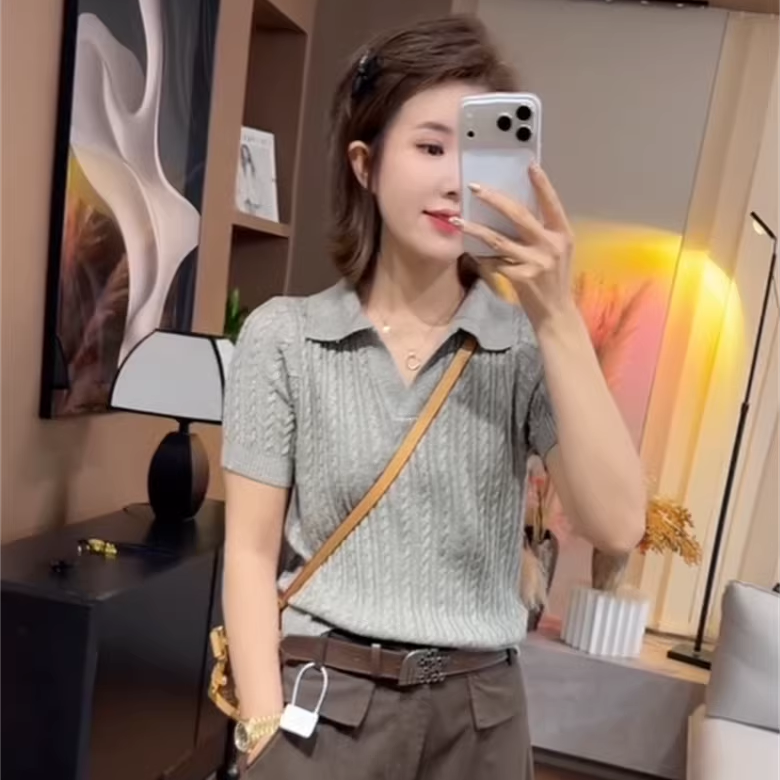 简约翻领麻花纹短袖针织T恤女2026夏季新款气质修身显瘦套头上衣