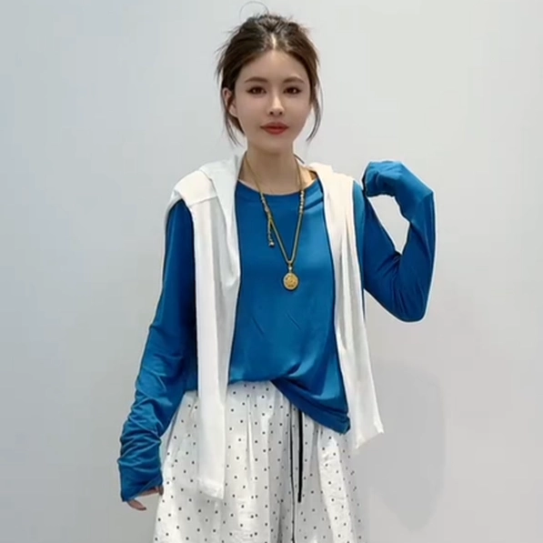 韩版简约圆领纯色薄款凉感长袖T恤女时尚宽松防晒衣罩衫蓝色上衣