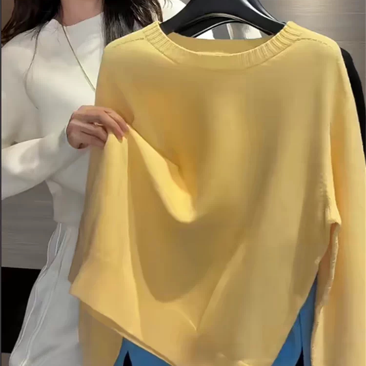韩版网红糖果色圆领针织衫女长袖简约软糯时尚百搭显瘦毛衣上衣潮