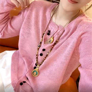 韩系甜美纯色单排扣针织开衫 软糯舒适轻薄上衣潮 女2025早秋季 新款