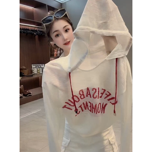 韩版字母印花连帽针织罩衫女夏季薄款防晒宽松显瘦百搭休闲上衣潮