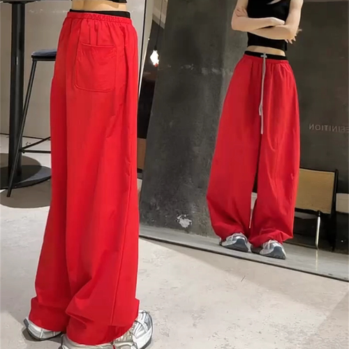 美式复古红色高腰速干阔腿裤女