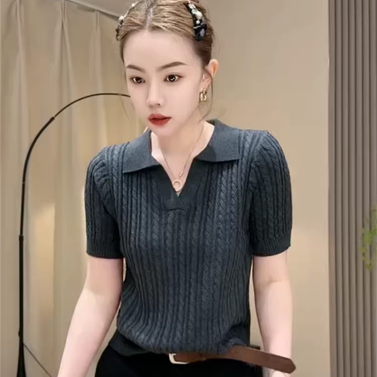 POLO领气质麻花纹翻领短袖针织衫女2026夏简约风套头薄款纯色上衣