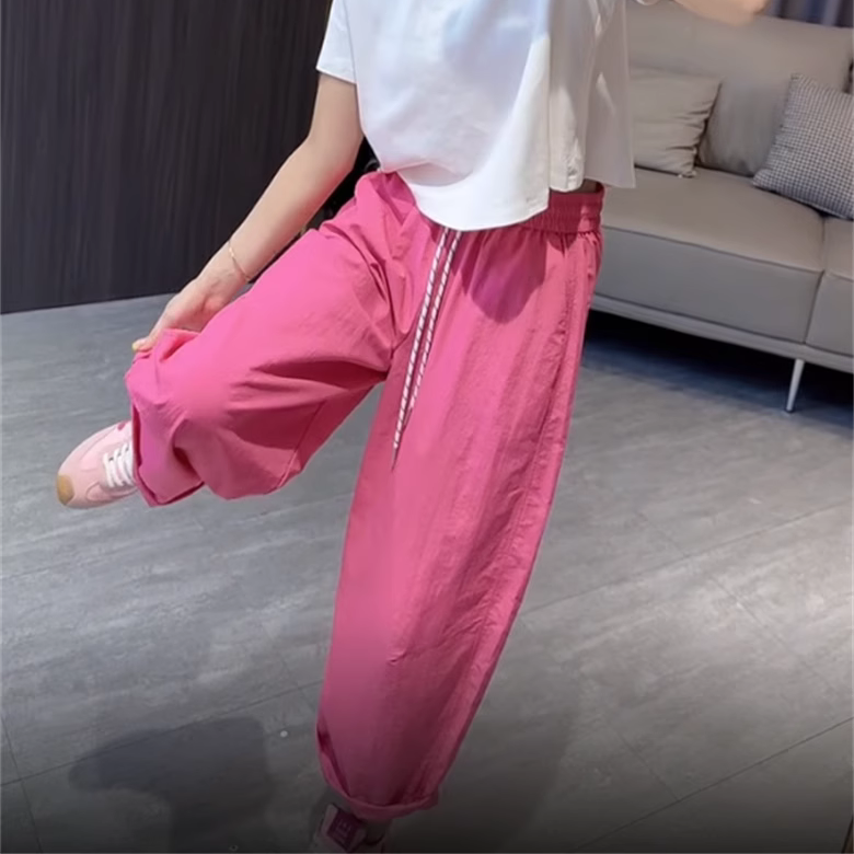 韩版糖果色高腰抽绳松紧休闲裤女2025夏季新款舒适直筒阔腿九分裤