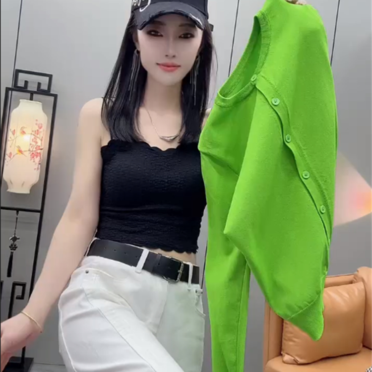高级感荧光绿圆领单排扣开衫女