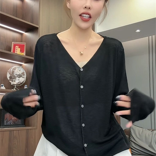 上衣潮 韩版 V领亚麻针织开衫 女2025早秋新款 百搭宽松显瘦休闲长袖