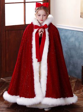 儿童白雪公主裙斗篷披风喜庆节日红色女童保暖加厚公主裙挡风披肩