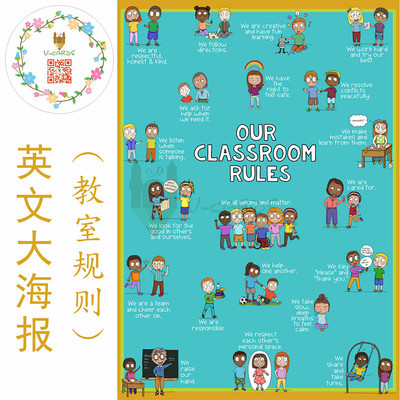 classroom rules教室守则英文导图海报主题教具背胶墙贴教室装饰