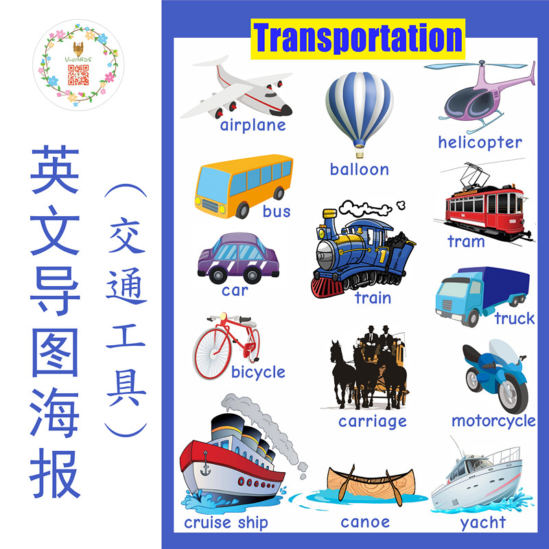 交通工具transportation英语闪卡片幼儿童启蒙小学教师具海报导图