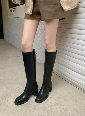 2025年冬季韩版方头粗跟长筒靴女黑色显瘦骑士靴后拉链时尚气质靴