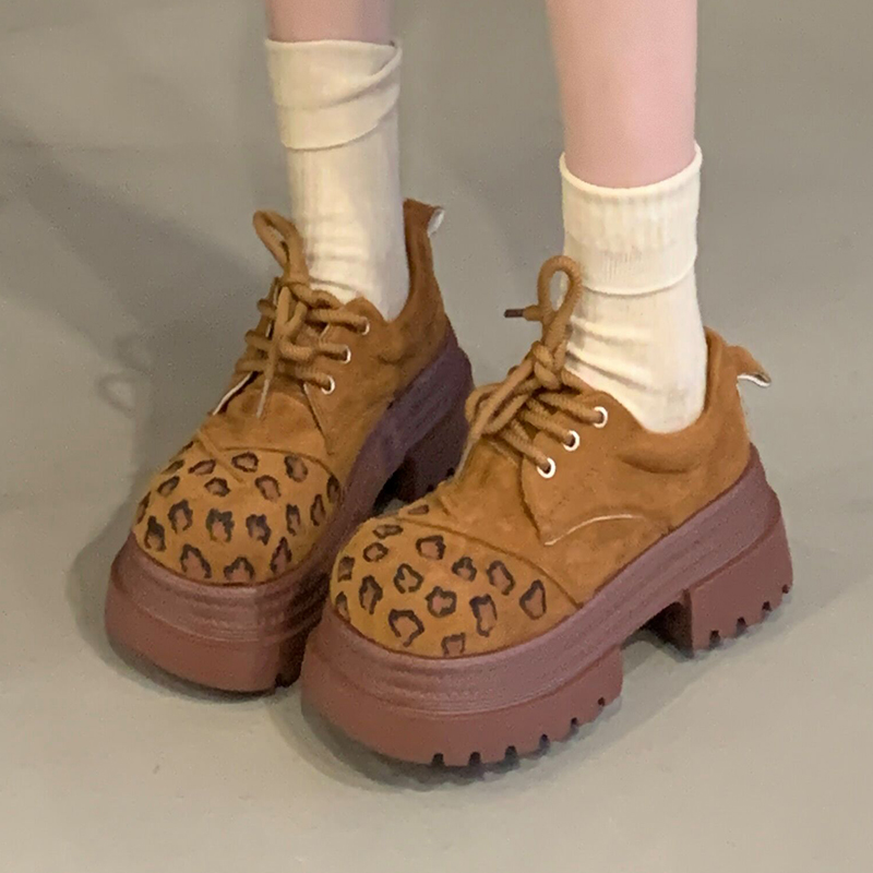 豹纹松糕厚底系带单鞋JK小皮鞋女