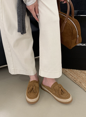 2026年春季圆头流苏蝴蝶结磨砂皮一脚蹬包头拖鞋麻绳编织平底女鞋