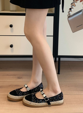 2026年春季浅口一字带渔夫鞋女水钻亮片玛丽珍鞋厚底麻绳编织单鞋
