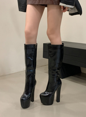 2025年秋季新款粗跟长靴超高跟防水台厚底圆头不过膝靴子时装靴女
