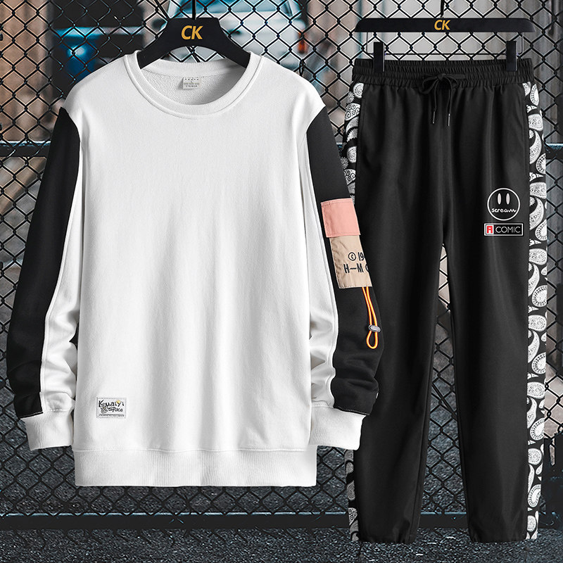 春秋长袖纯棉圆领卫衣套装青少年休闲棒球服两件套情侣运动服工装