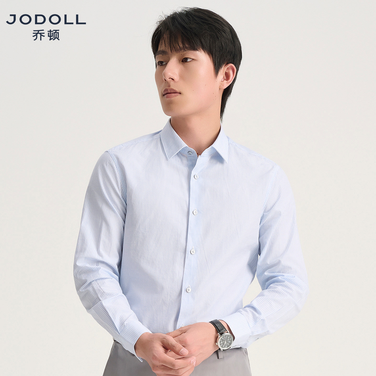JODOLL乔顿男装长袖衬衫26年春商务修身小方格进口面料浅蓝衬衣