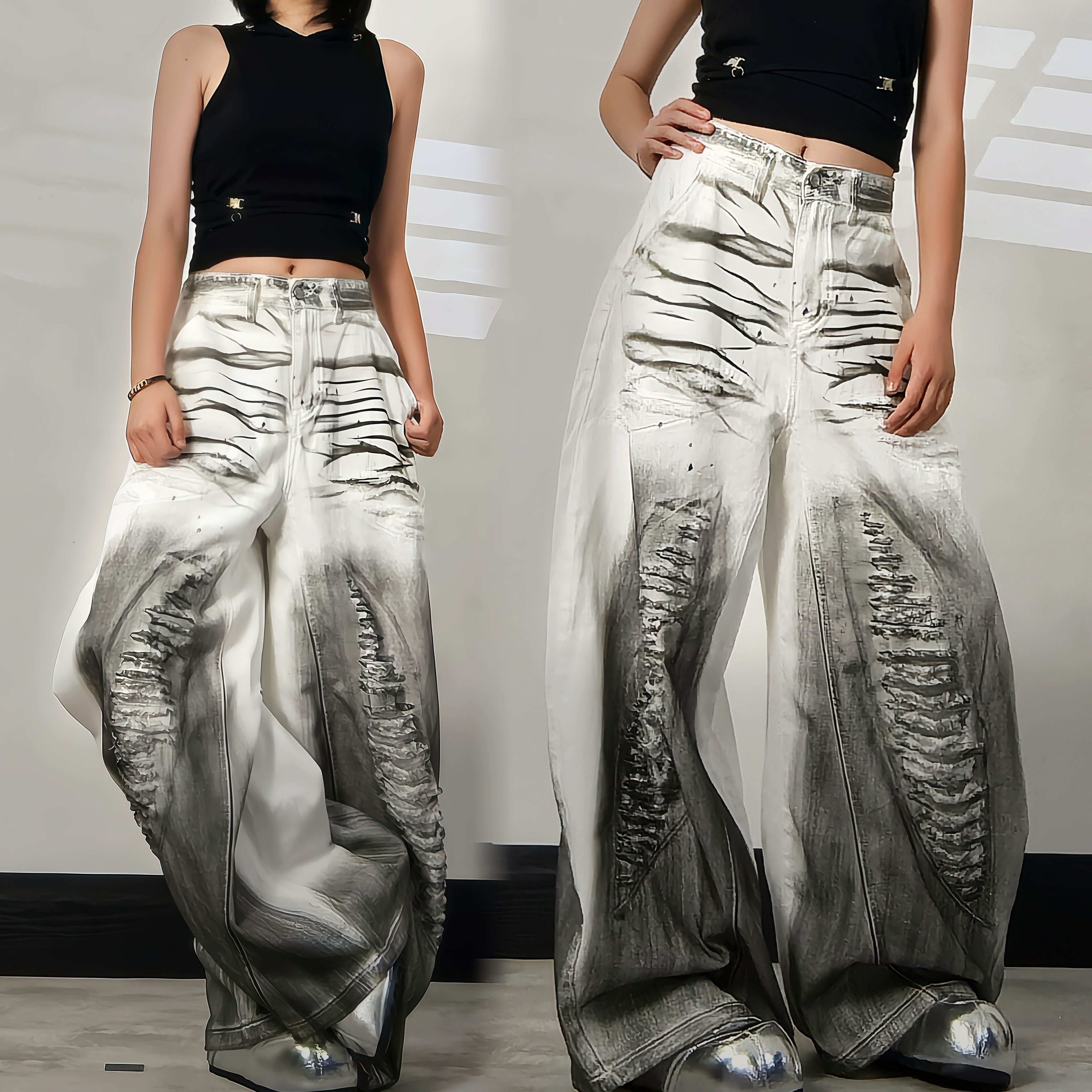 美式低腰假破洞小众扎染黑白色宽松阔腿裤女春夏薄款牛仔长裤拖地