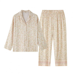 家居服 新品 小翻领女士人棉贡缎优雅碎花印花睡衣套装 长袖 长裤