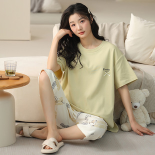 薄款 一体式 法黛琪夏季 纯棉家居服套装 带胸垫睡衣女可外穿短袖 套装