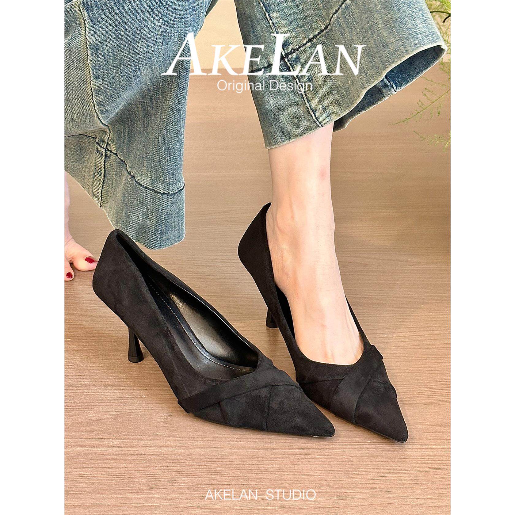 羊皮版~黑色尖头高跟鞋女细跟气质百搭通勤工作女鞋绒面浅口单鞋