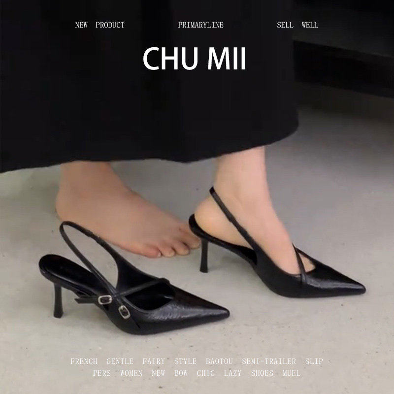 羊皮版~皮带扣细跟包头凉鞋女黑色尖头浅口单鞋轻熟风通勤高跟鞋