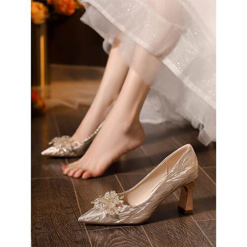 羊皮版~绝美粗跟婚鞋女新