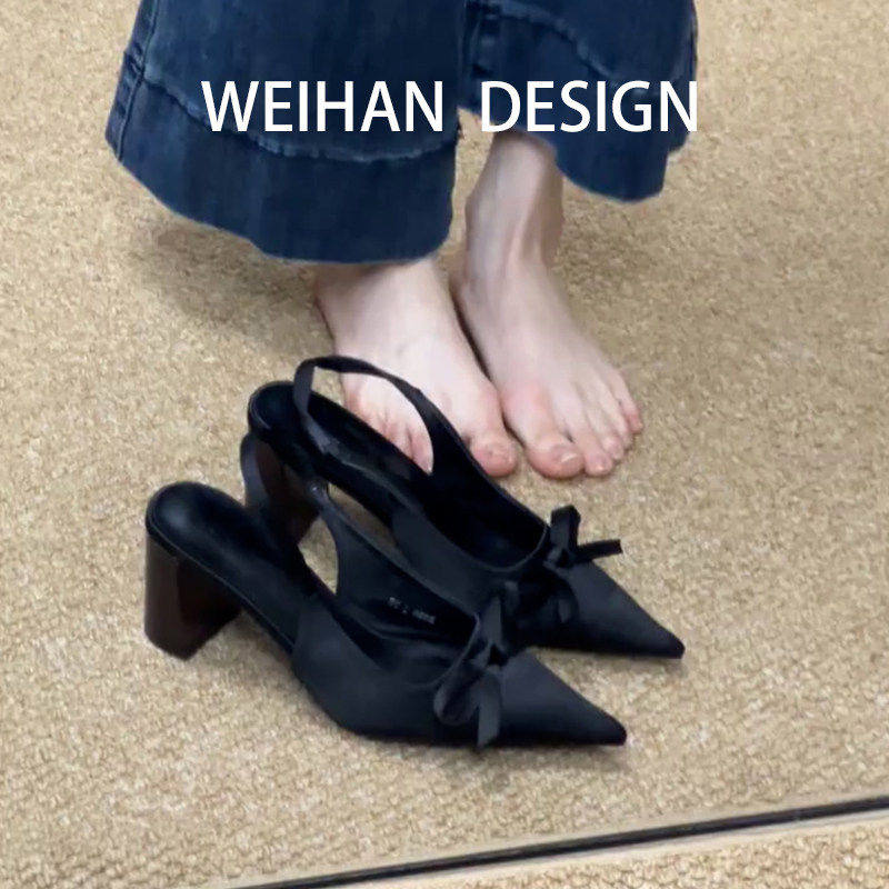 羊皮版！法式缎面高跟鞋女尖头外穿蝴蝶结包头凉鞋配裙子粗跟单鞋