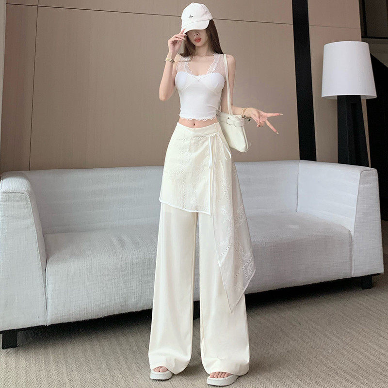 香港专柜正品高腰蕾丝拼接系带裤子设计感小众显瘦垂感屁帘长裤白