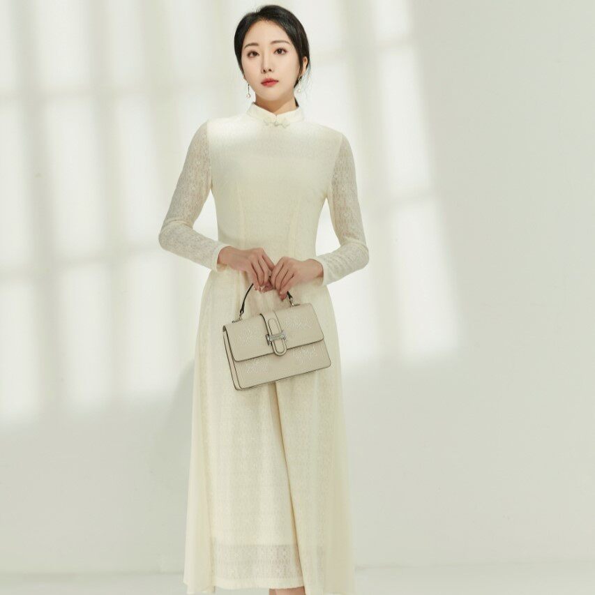 2025新中式春秋新款复古女白色改良奥黛修身显瘦旗袍长款连衣裙