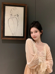 豆豆早安 私服重磅款真丝丝绒蕾丝睡袍外套+吊带连衣裙睡衣套装