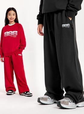 DK童装25秋季新款复古运动阔腿红色卫裤儿童女男童宽松炸街长裤子