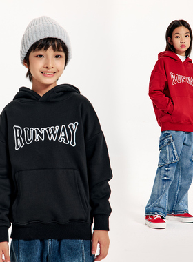 DK童装25秋冬刺绣连帽女男童红色卫衣儿童中大童加绒加厚帽衫外套