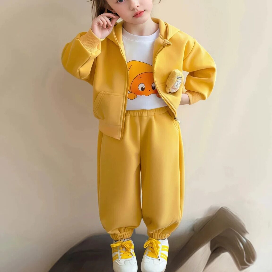 女童春秋连帽开衫卫衣束脚裤套装