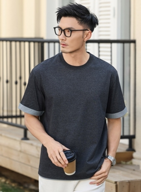 德国【潮牌】夏季宽松拼色短袖棉T男士圆领轻奢老钱风打底上衣透