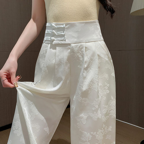 德国甄选新中式国风盘扣冰丝缎面大裤脚阔腿裤女春夏款高腰百搭休