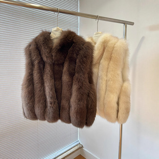 海宁进口25秋冬新款时髦叠穿芬兰狐狸毛背毛立领竖排皮草马甲外套