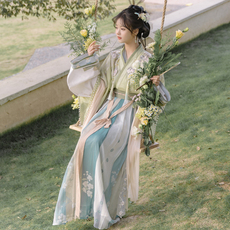 Китайцы одежда наборы 远山乔【鹑首·乐灵】汉服女春晋制二重衣一片式褶裙蓝星花刺绣